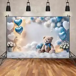 MOON.QG Teddy Bear Blue Birthday 1 Year Background Boy Balloon Heart Flower Backdrops Custom Party Decoration Photozone Supplies