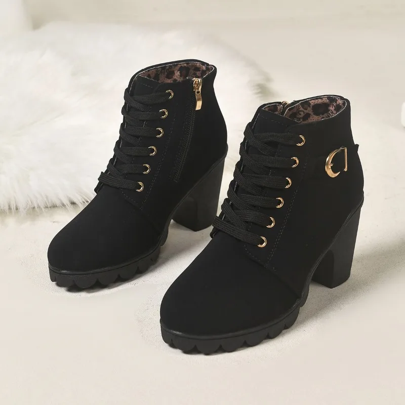 Women Brown Lace-up Ankle Boots 8.5cm Block Heel Metal Buckle Side Zipper Leopard Lining Non-slip Sole Winter Daily Shoes