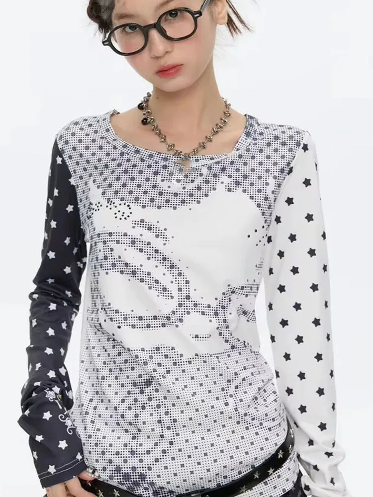Y2k Aesthetic Long Sleeve T-shirts Women Anime Polka Dot Print Patchwork Slim Fit Tops Autumn Harajuku Vintage Tees Ins - view 6