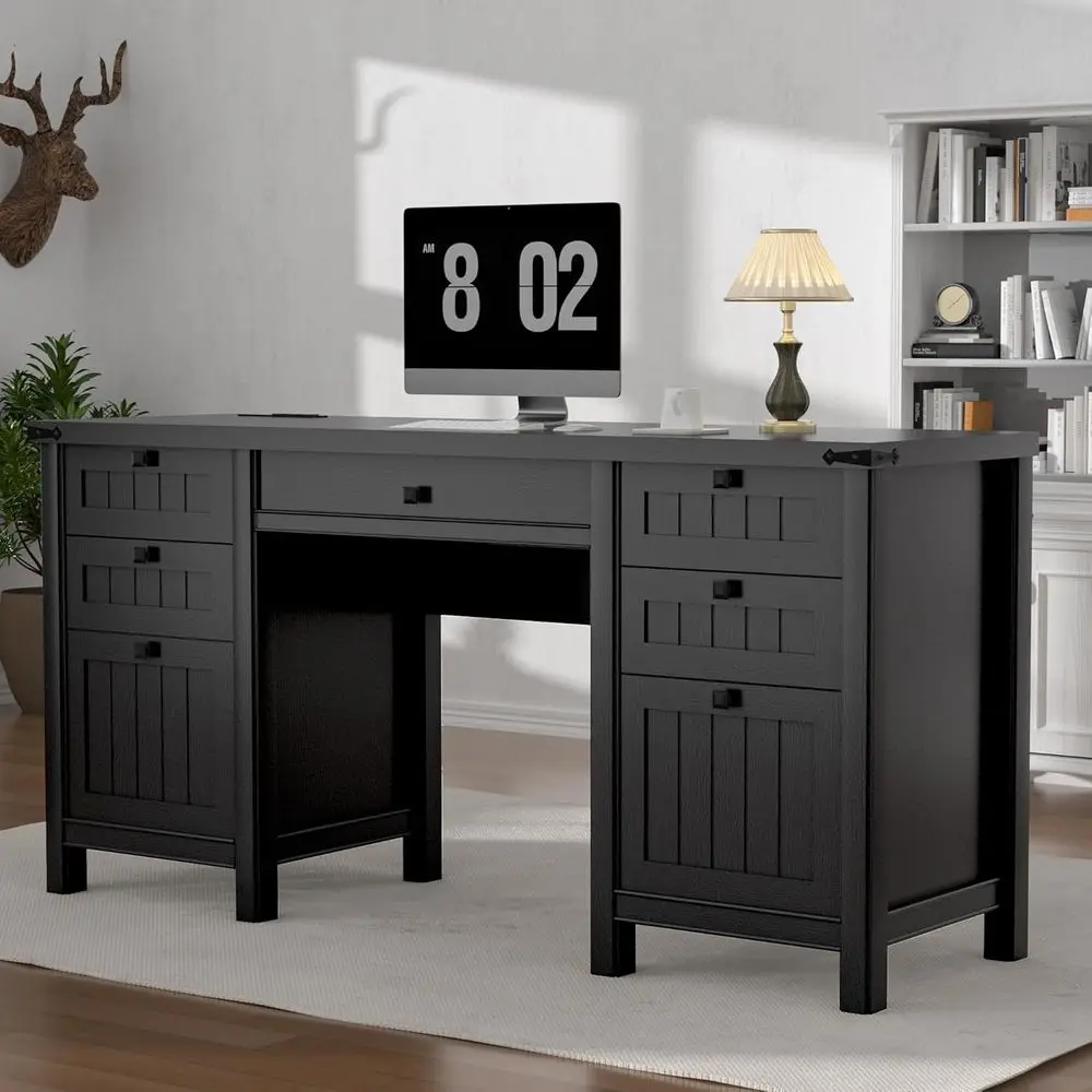 

62 Contemporary Home Office Desk with Drawers and Cabinet - Black Writing Workspace