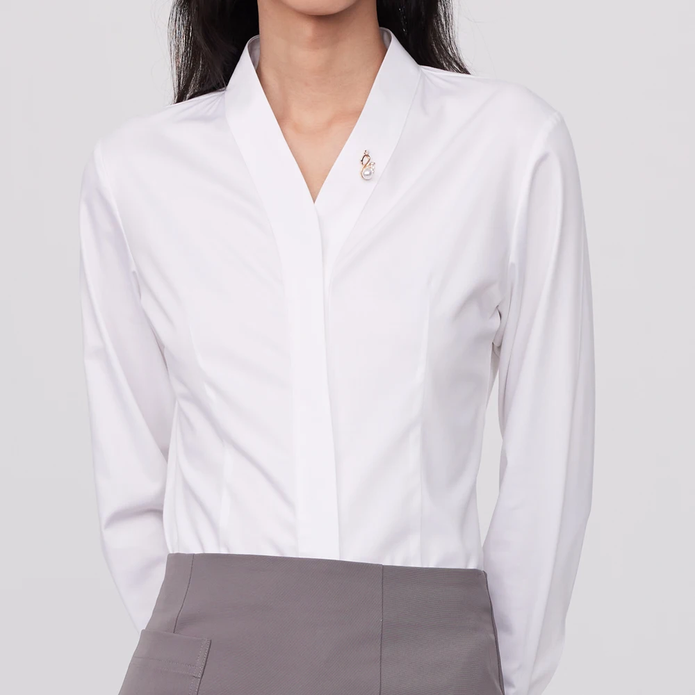 Ladies Office Detachable Brooch V-Neck Dress Shirts Without Pocket Hidden Buttons Placket Long Sleeve Slim-fit Female Shirt