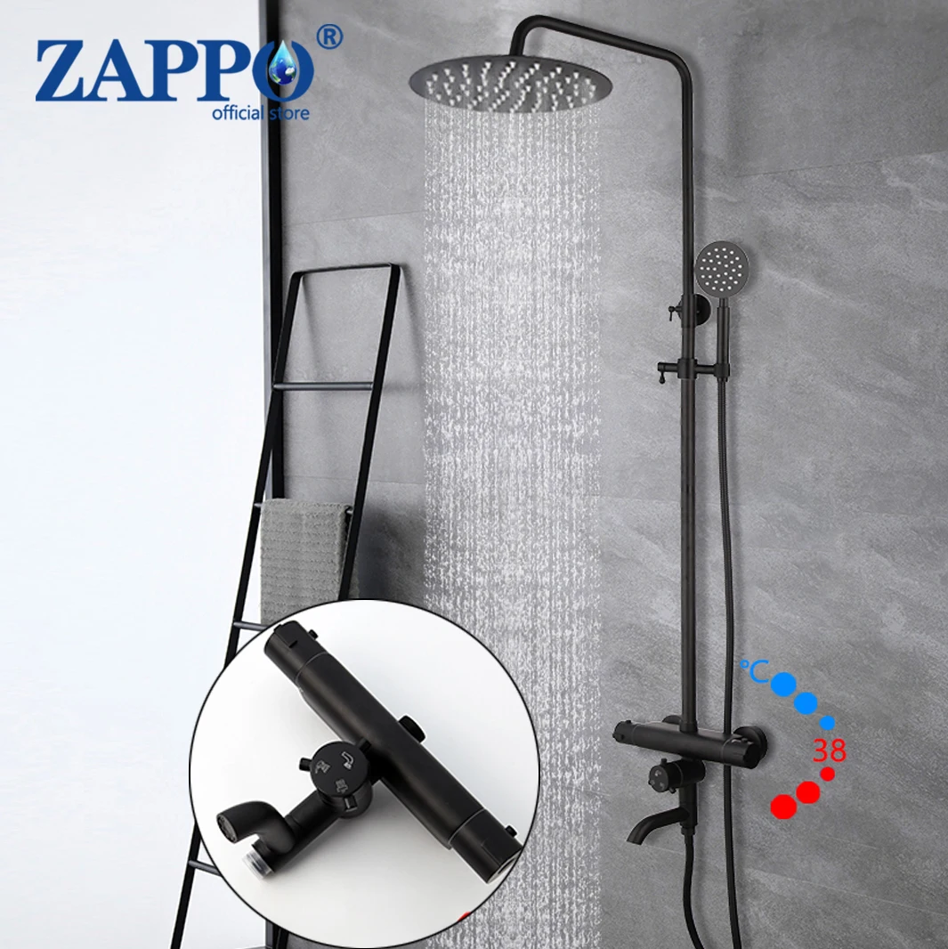 

ZAPPO Matte Black Bathroom Shower Set Thermostatic Faucets Mixer Shower Systerm with Swivel Bathtub Mixer Brass Shower Faucet