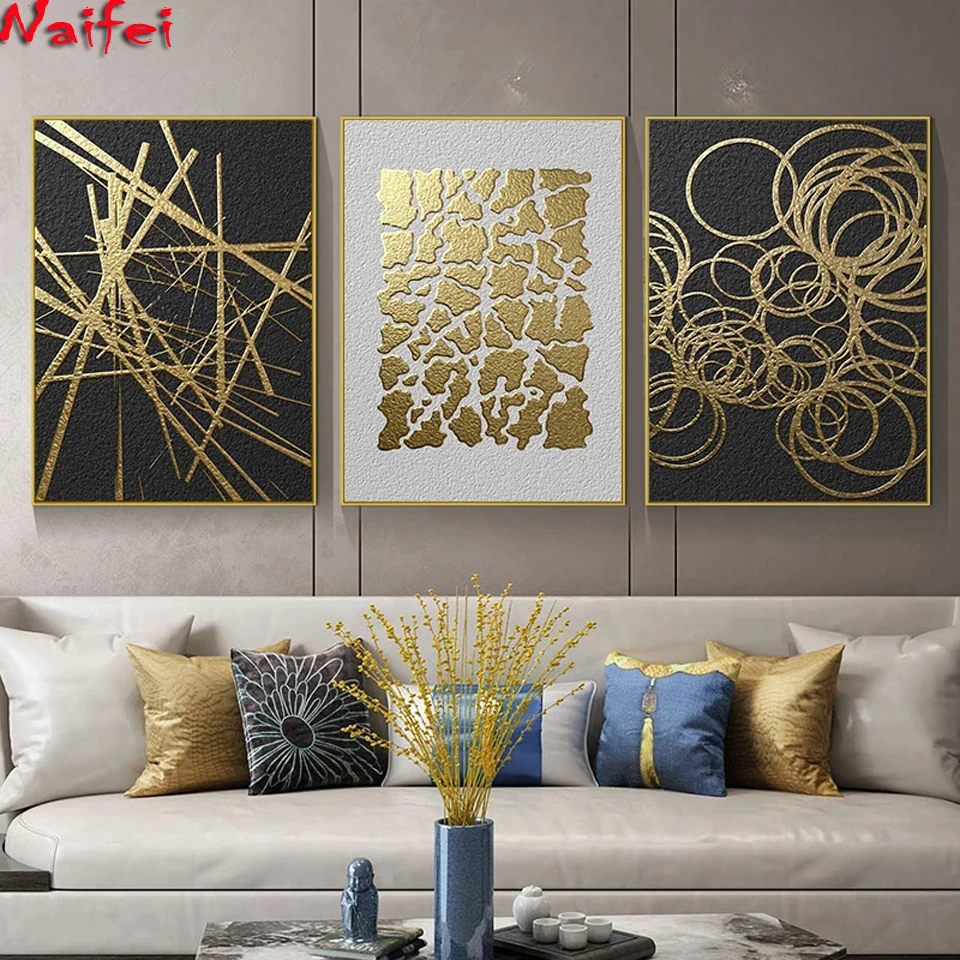 Abstract Geometric Diamond Painting Golden and Black Painting Diamond Mosaic Embroidery Wall Pictures for Living room Home Decor