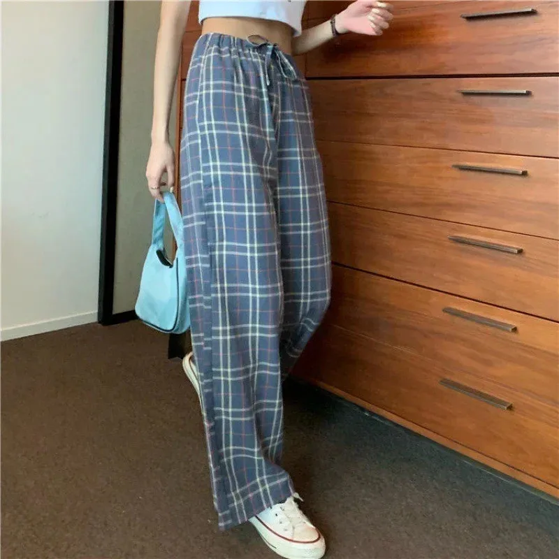 

Fashion Ins Women Students New Wide Leg Pants Summer Loose Straight Sweatpants Korean Style Women Fall High-waisted Plaid Pants