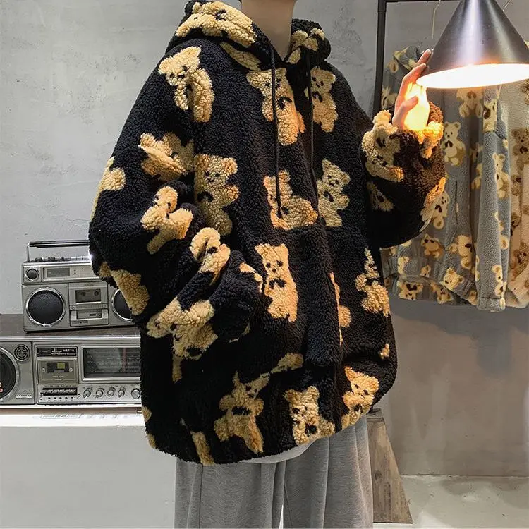 

Fleece Hooded Jackets Streetwear Casual Harajuku Hip Hop Men Women Fashion Bear Print Full Zip Hooded Coat Tops Outwear harajuku