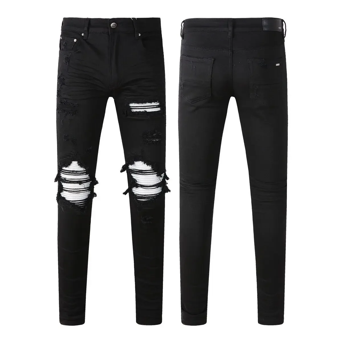 

High Street Men Black White Ripped Jeans Slim Fit Elastic Skinny Pants