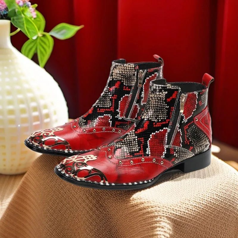 Man Chelsea boots Short Vintage Retro Ankle Shoes Medium Cut Printing Casual Leather Boots