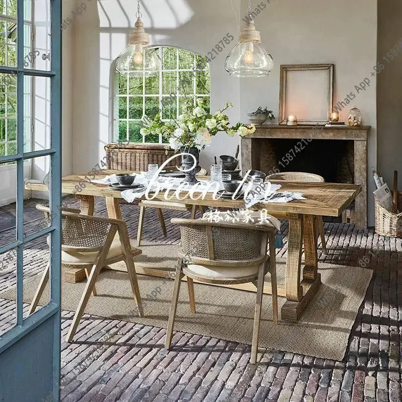 

New French vintage solid wood dining table/American country living room wall-by-wall rectangular dining table/medieval log tea t