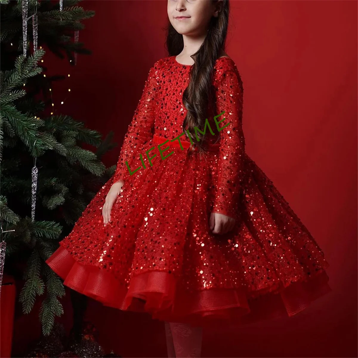 

Red Flower Girl Dress Round Neck Long Sleeves Beads Sequined Puffy Birthday Party Gown Christmas Dresses for Wedding