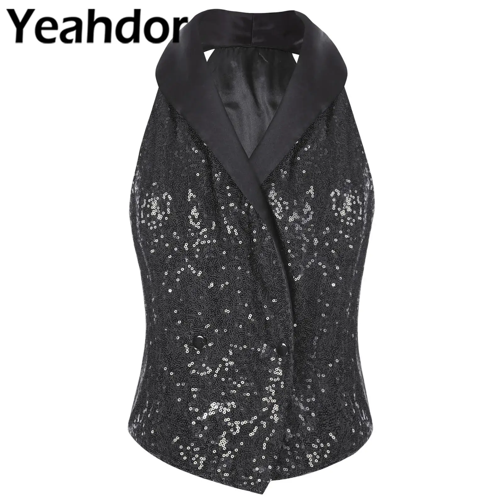 Sequins Waistcoat Womens Sleeveless Vest Lapel Press Button Blouse Dressy Formal Tank Top for Clubwear Nightclub Cocktail Party