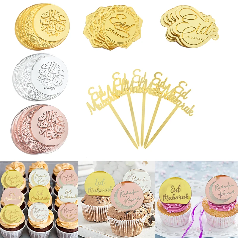 5 Stück Eid Mubarak Kuchenaufsatz Ramadan Kuchendekoration Acryl Backzubehör Cupcake-Topper für Islamische Muslimische Festlichkeiten