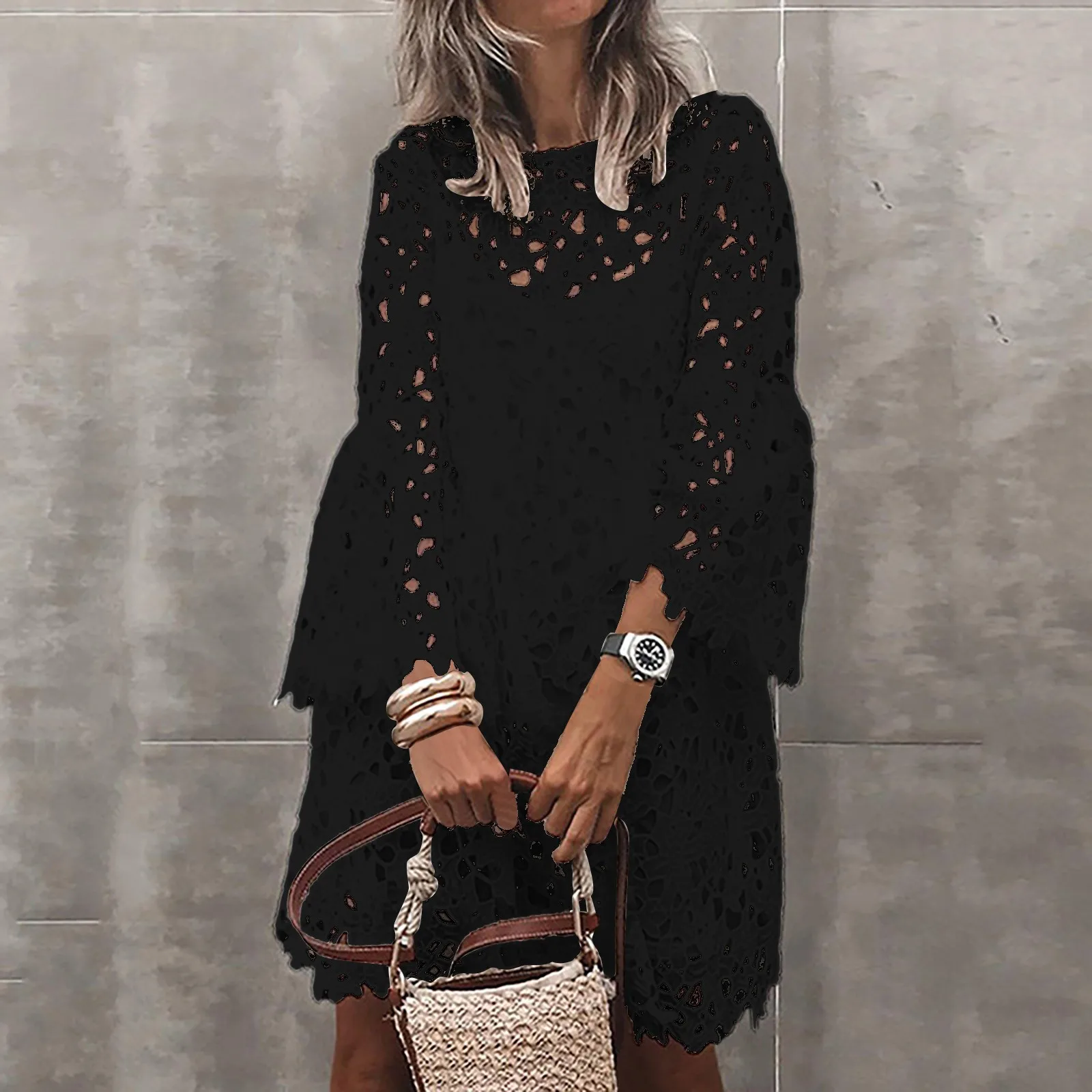 

Embroidered Lace Hollow Out Dresses For Women 2024 Elegant O Neck Flare Sleeve Dress Vestidos Ladies Solid Loose Dresses платье