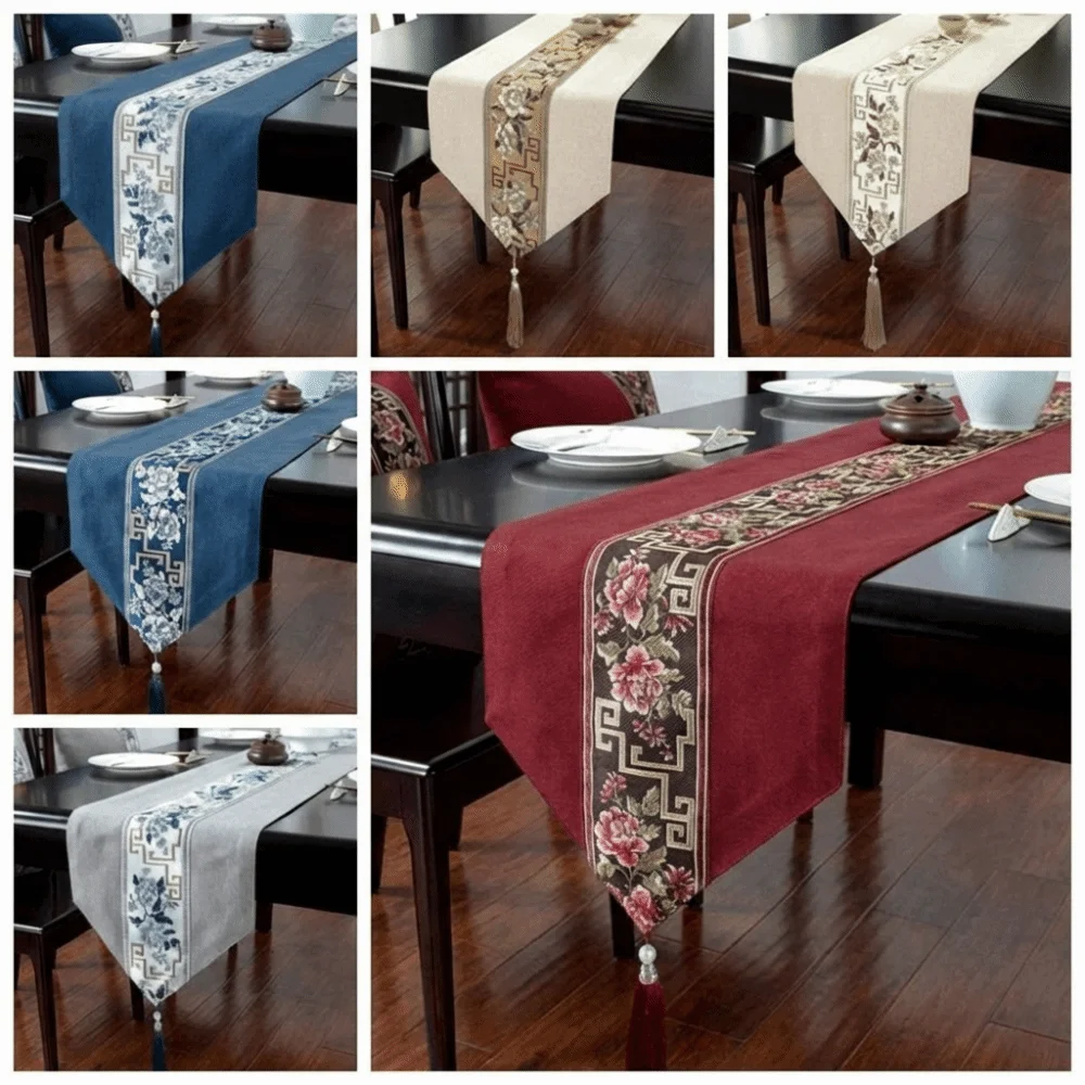Vintage Retro Table Flag Chinese Style Washable Tea Table Cloth Waterproof Jacquard Fabric Floral Table Runner Home Kitchen Use