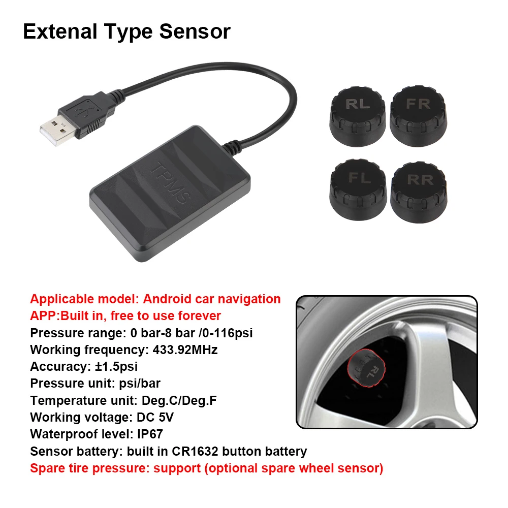 Spare Tyre Internal External Sensor for Car Radio DVD Player Android TPMS USB TPMS Tire Pressure Monitoring System