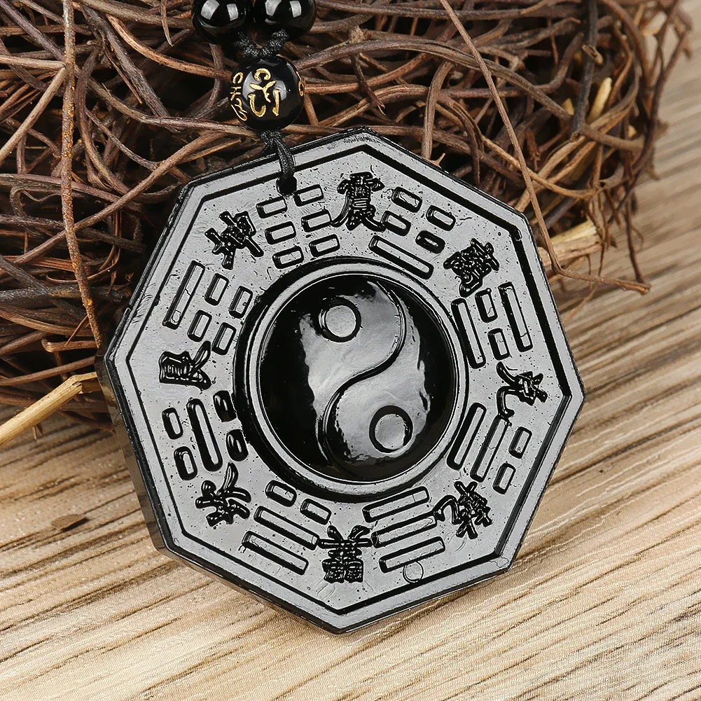 

Natural Black Obsidian Taiji Bagua Pendant Necklace Chinese Taoist Feng Shui Amulet Choker for Men's Women's Auspicious Jewelry