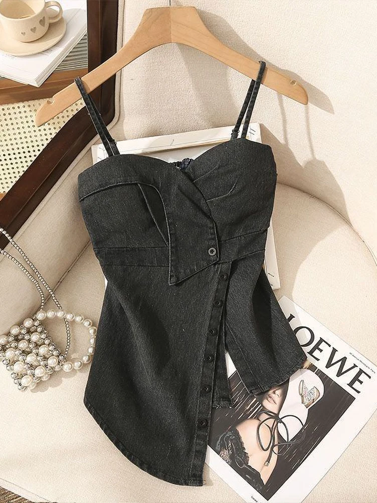 Coquette Comisoles Sleeveless Denim Tops Sexy Women Summer Jeans Tanks Crop Top Removable Strapless Cowboy Bustier Corset