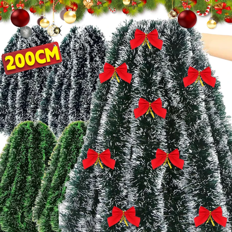 200CM Christmas Tinsel Garland Green Cane Ribbons with Bow Xmas Tree Hanging Ornaments Wedding Christmas Party Home Decoration