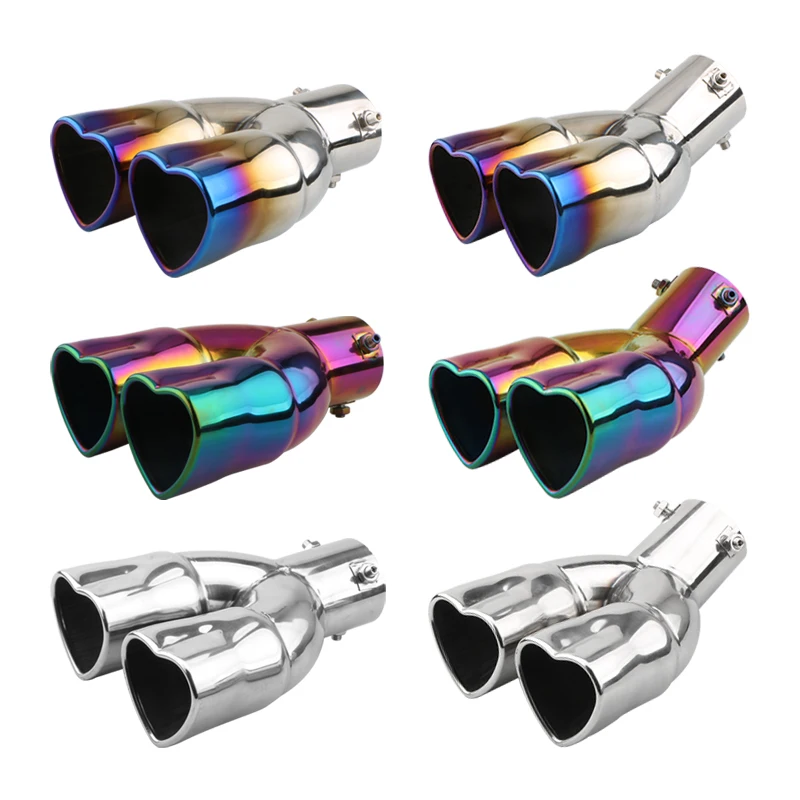 Universal Heart Shape Style Car Muffler Exhaust Tip Stainless Steel Double-Pipe Car Rear Muffler Tip Tail Car Accessories