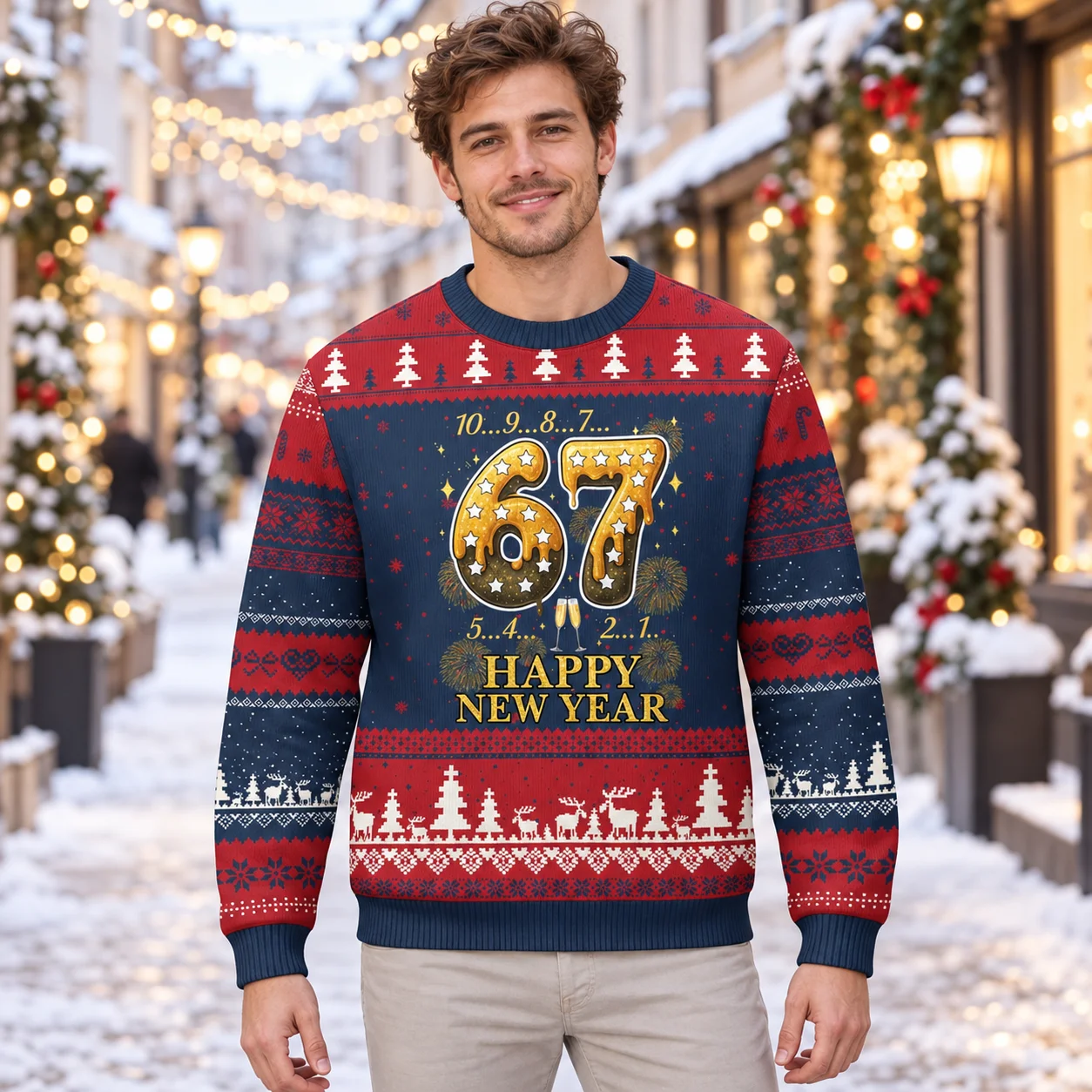 New Six Seven 67 Ugly Christmas Sweater Funny Number Meme Graphics on Crewneck Sweaters for Men Women and Holiday Party Looks