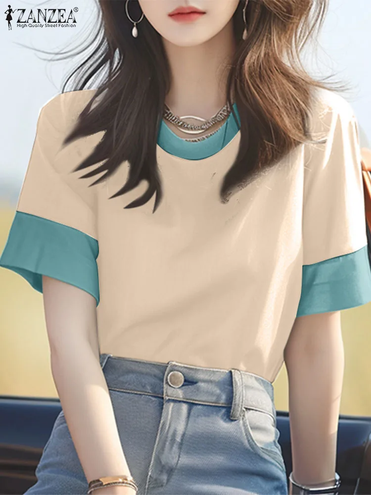 ZANZEA Casual Color Block Blouses Leisure Everyday Short Sleeve 2024 Summer Women T-shirts Korean Fashion O Neck Blusas Mujer