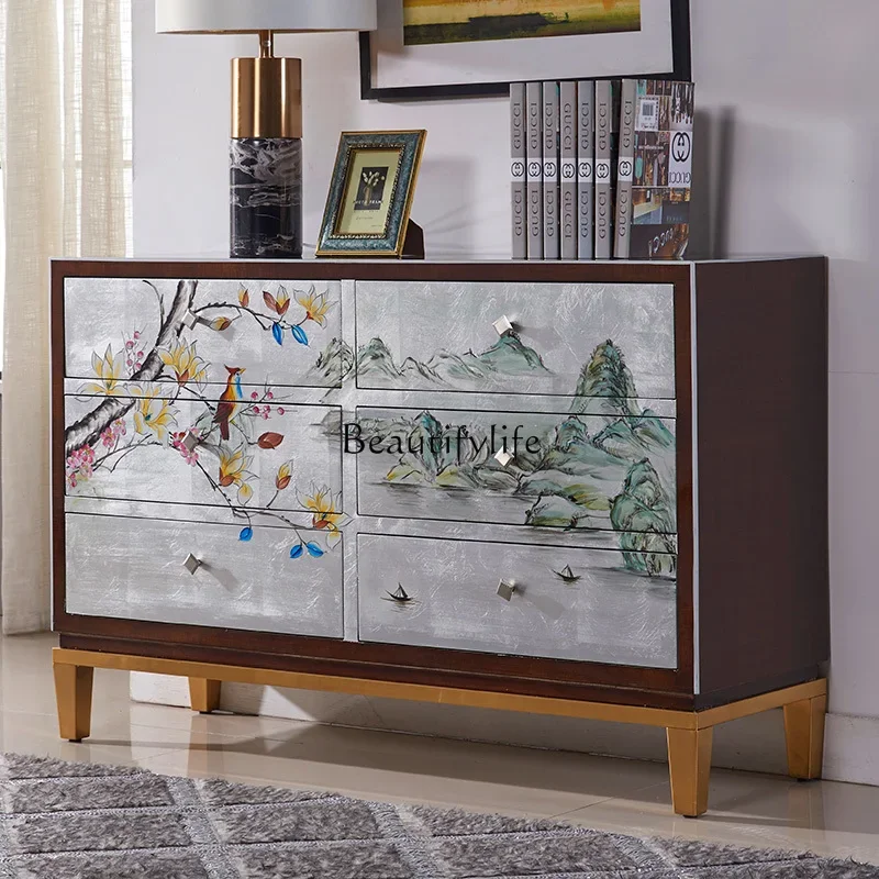 

01 New Chinese style modern simple living room entrance cabinet solid wood furniture silver foil drawer side cabinet