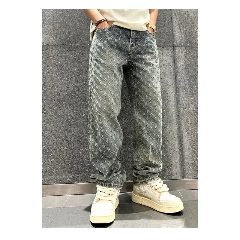 Jacquard Pattern Denim Pants Male Straight Fitting Baggy Bottoms Distressed Wide Jeans For Men