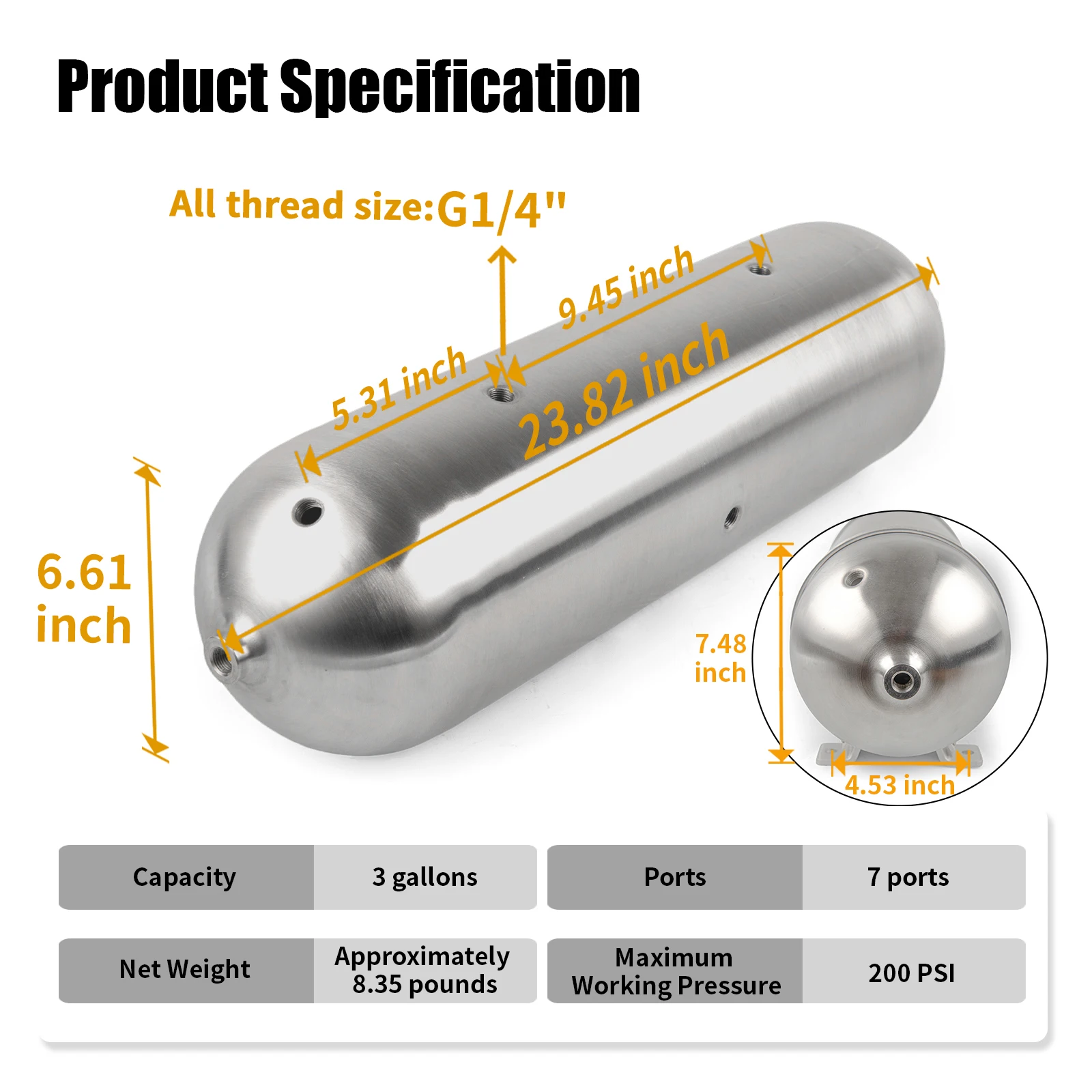 

Бесшовный алюминиевый пневматический баллон 3 галлона, 600 мм, для пневмоподвески, тюнинга автомобилей, 7 отверстий