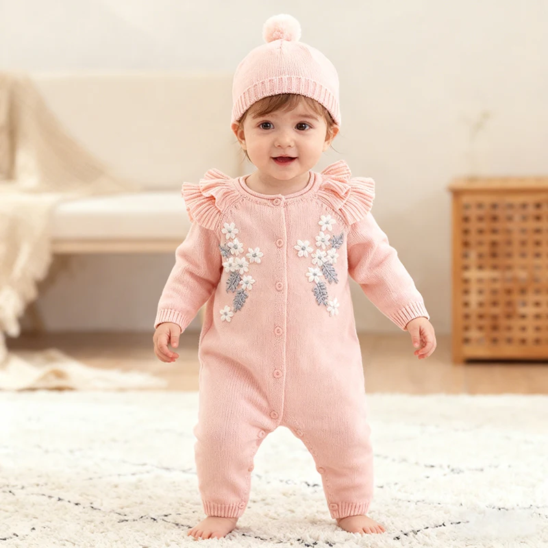 

New Spring Winter Baby Girl Knitting Flower Jumpsuit +Hat Long Sleeved Baby Girl Newborn Romper 0-24M Sweet Round Neck Romper