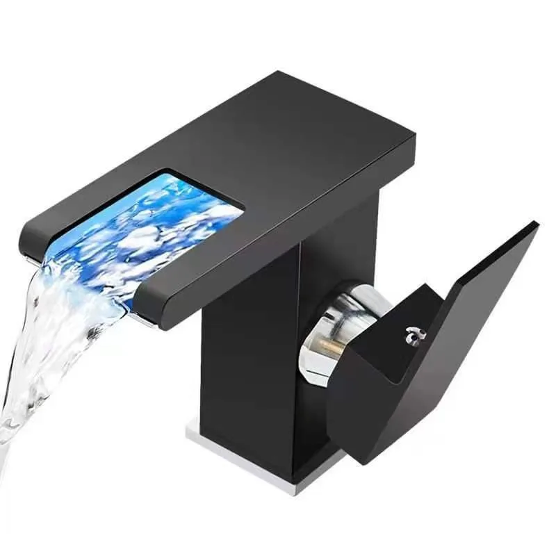 LED Waterfall Faucet, Hot and Cold Basin Mixer Tap, Bathroom Sink Faucet with Light, for Vanity Countertop Hotel Bathroom Use