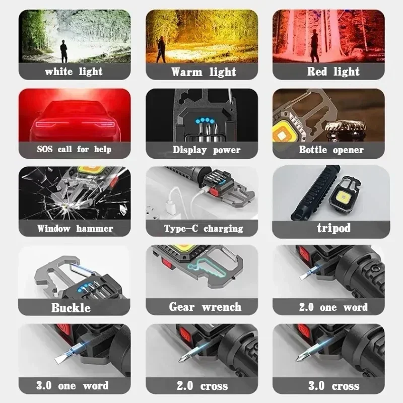 KDULIT LED Portable Keychain Flashlight Outdoor COB Work Light Emergency Lighting with Window Hammer Bottle Opener Lamp Camping