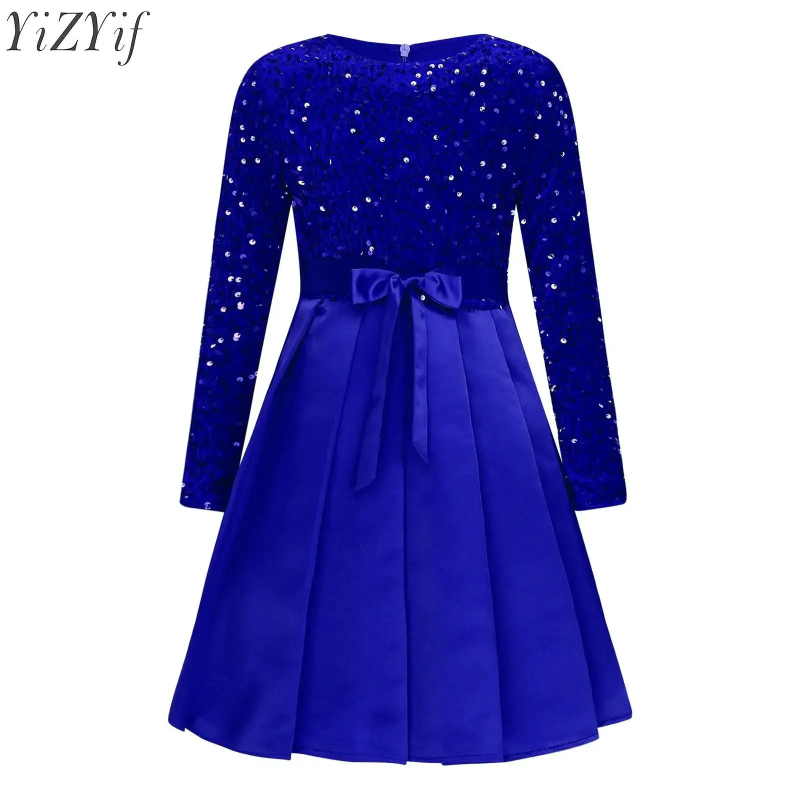 

Kids Flower Girls Dress Sequins Long Sleeve High Waist Knee Length Belted Pleated Gowns Dress for Birthday Party Wedding Pageant