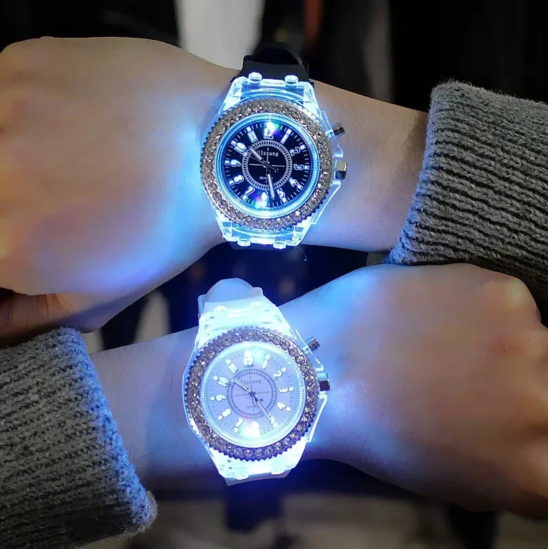 Geneva LED Luminous Quartz Watch Rhinestone Bezel Transparent Case Silicone Wrist Watch for Men Women