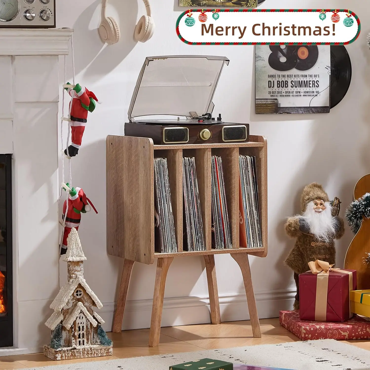 オーク材ビニールレコード収納テーブル、キャビネット4つ付き、アルバム80枚収納可能、リビングルーム、寝室用ターンテーブルスタンド