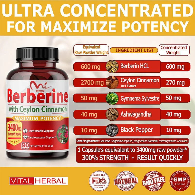 Berberine with Ceylon Cinnamon Capsules Equivalent to 3400 mg Maximum Potency with Gymnema  Black Pepper Glucose Metabolism