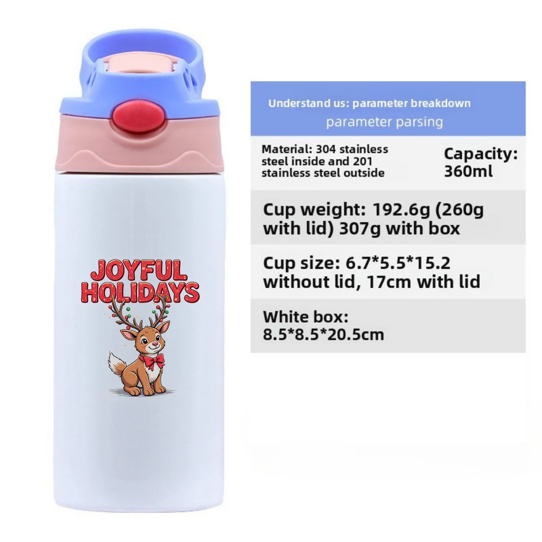 Cangkir termal baja tahan karat 304 + cangkir Natal tanduk rusa kartun + cangkir sedotan anak-anak + hadiah Natal JOYFUL HOLIDAYS