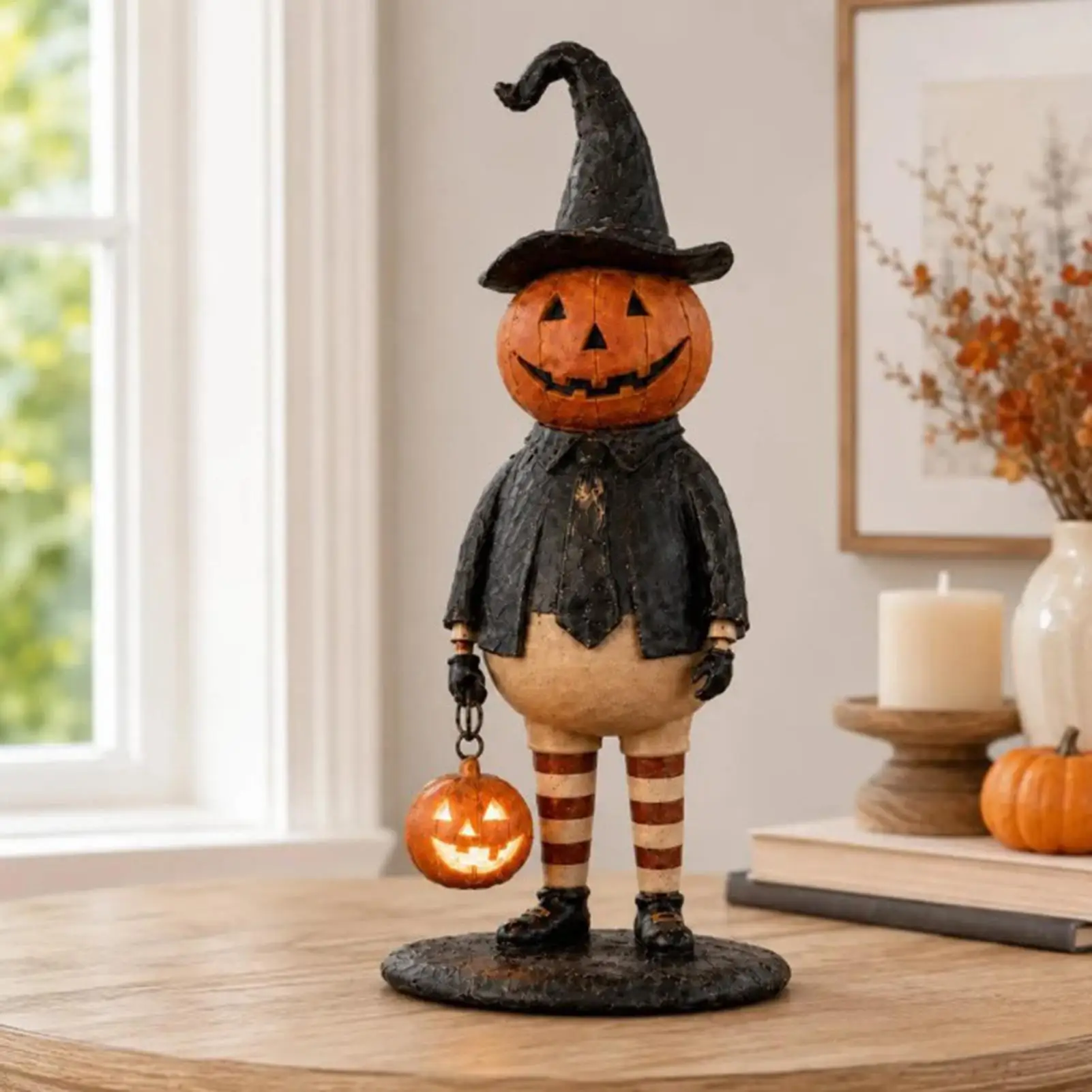 Beleuchtete Kürbisfigur mit Laterne, Retro-Harz-Leuchtkunsthandwerk, Handgehaltene Halloween-Dekoration für Tisch, Kaminsims, Schlafzimmer