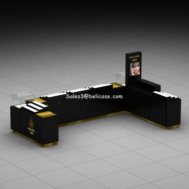 Preto e Ouro LED Perfume Shop Counter, design personalizado Showcase
