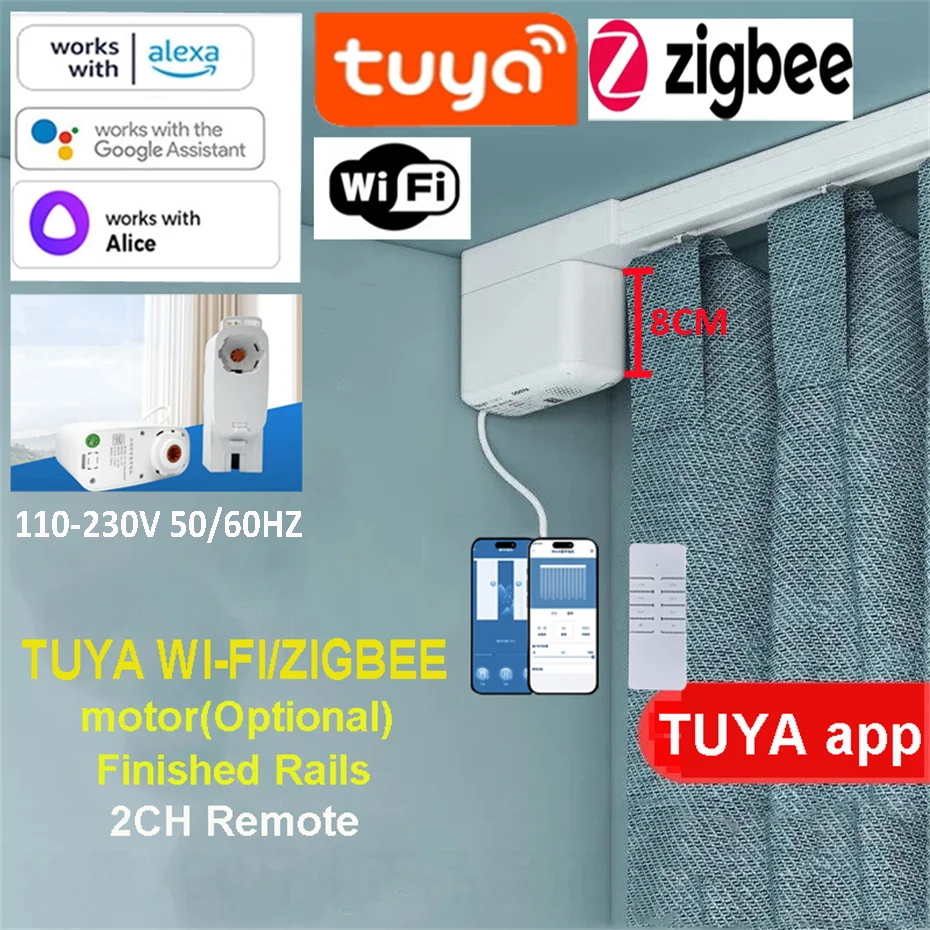 Motor de Cortina Mini-5 Tuya WiFi/Zigbee para Casa Inteligente, Compatível com Alice, Google e Alexa, com Trilhos de Cortina Elétricos Personalizados para o Lar