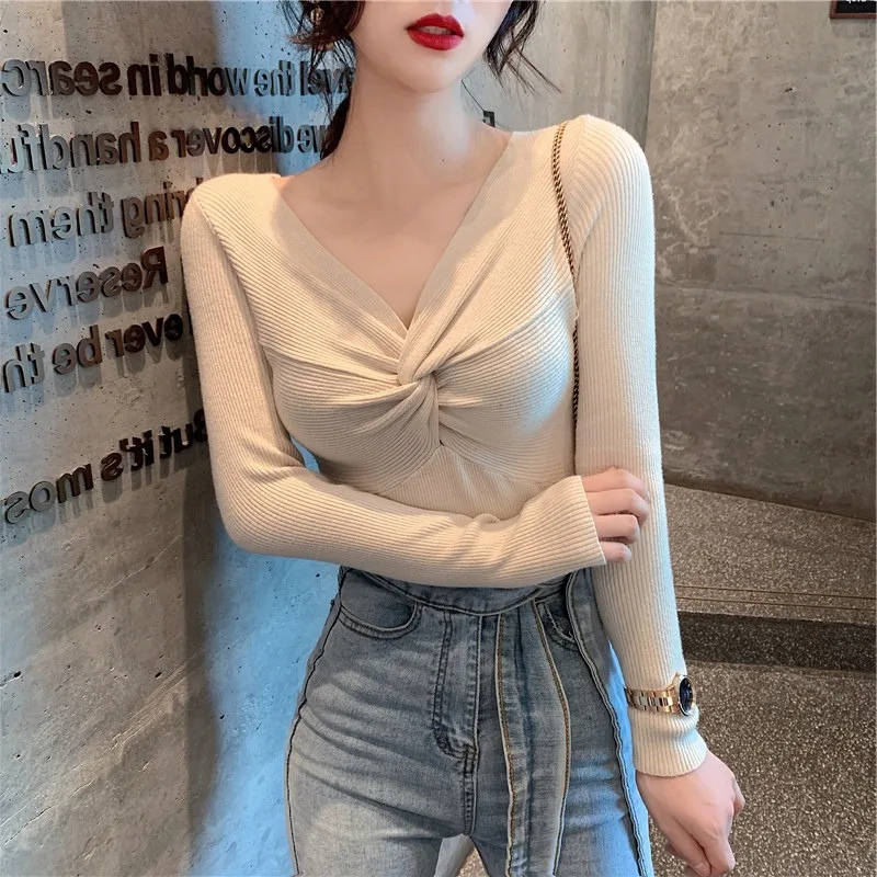 Camicia skinny lavorata a maglia autunno inverno maglione pullover da donna top donna manica lunga elastica scollo a V maglioni slim camicie in maglia
