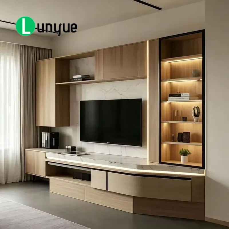 Modern Custom Full Wall TV Cabinet with LED Light Strip Wooden Storage Entertainment Unit for Living Room Display Stand