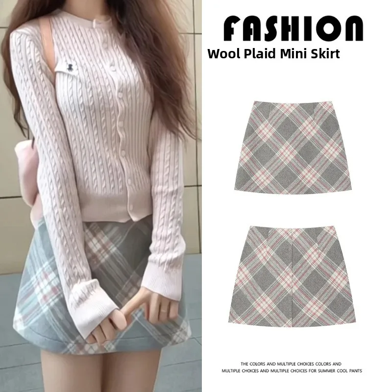 Retro Pink Plaid A-Line Skirt Women's High Waist Wool Blend Short Skirts Sweet Style Polyester Fabric Midi Skirts