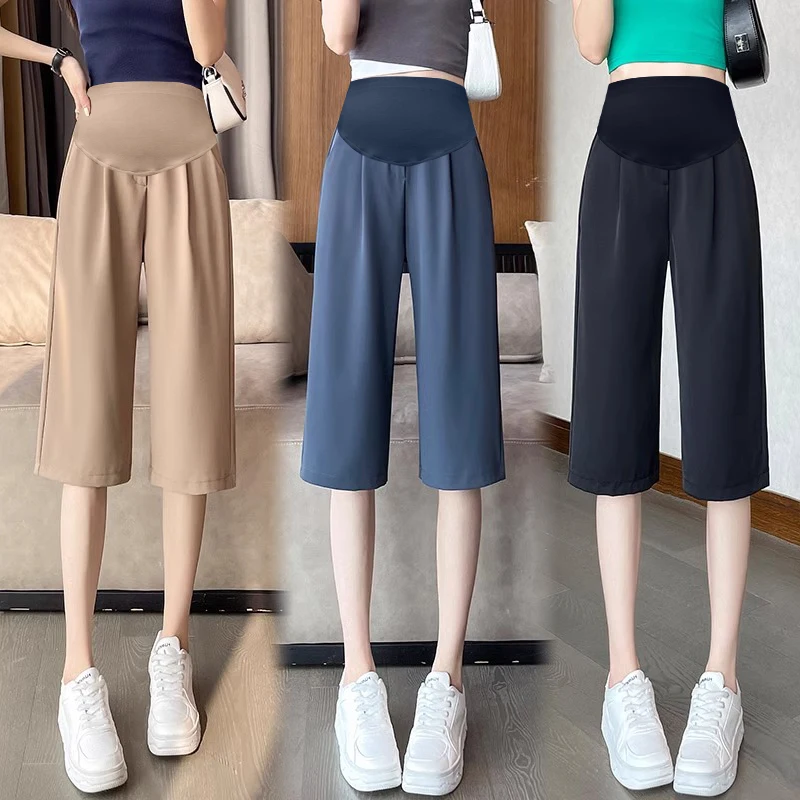 Summer Fashion Maternity Cotton Linen Trousers Thin High Waist Pregnant Woman Cropped Trousers Pregnancy Capris Formal Pants