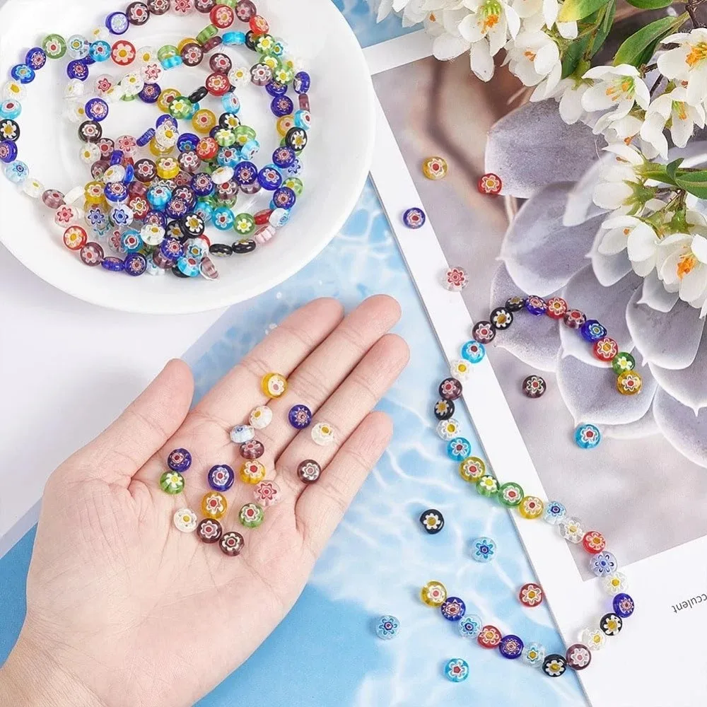 

4/6/8mm Millefiori Lampwork Glass Beads Flower Round Flat Bracelet Beads Colorful DIY Scattered Beads Jewelry Bracelet Making