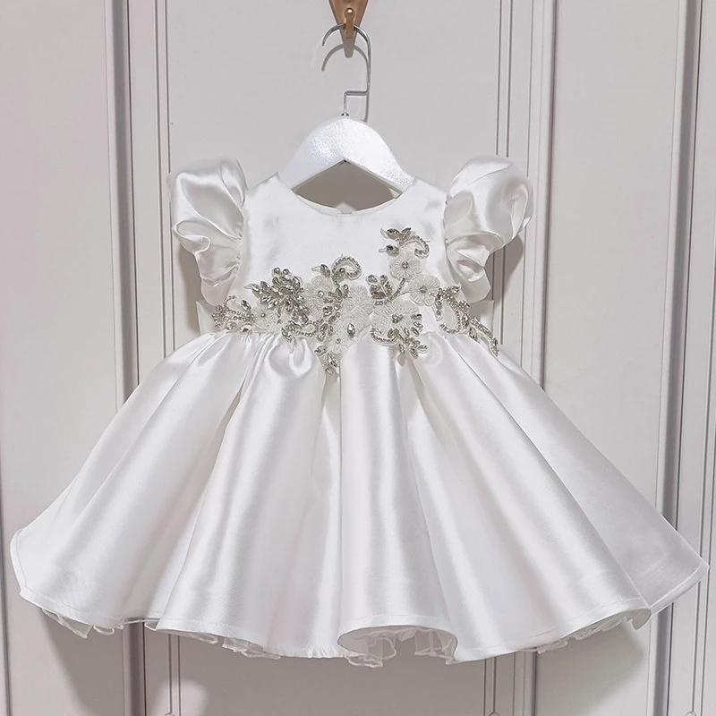 

White Lace Infant Baby Girl Dress Beads Newborn Baptism Princess Dresses for 1st Birthday Party Dress Christening Evening Gown