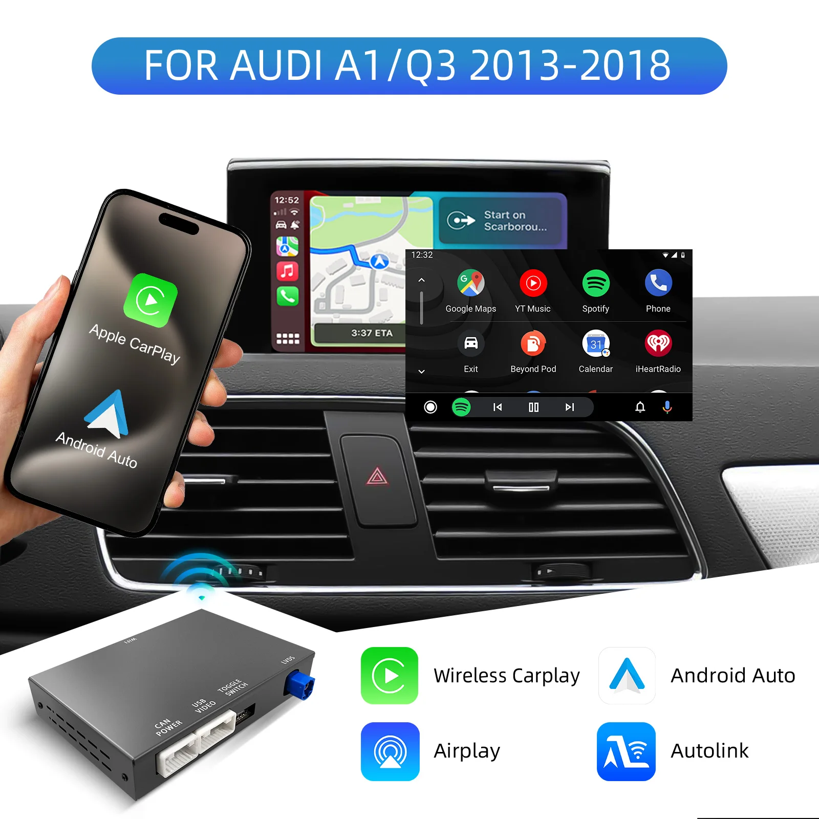 صندوق فك ترقية شاشة Ezonetronics OEM لسيارة Audi A1 Q3 2012-2018، شاشة 6.5 بوصة/7 بوصة، MMI 3G مع CarPlay وAndroid Auto
