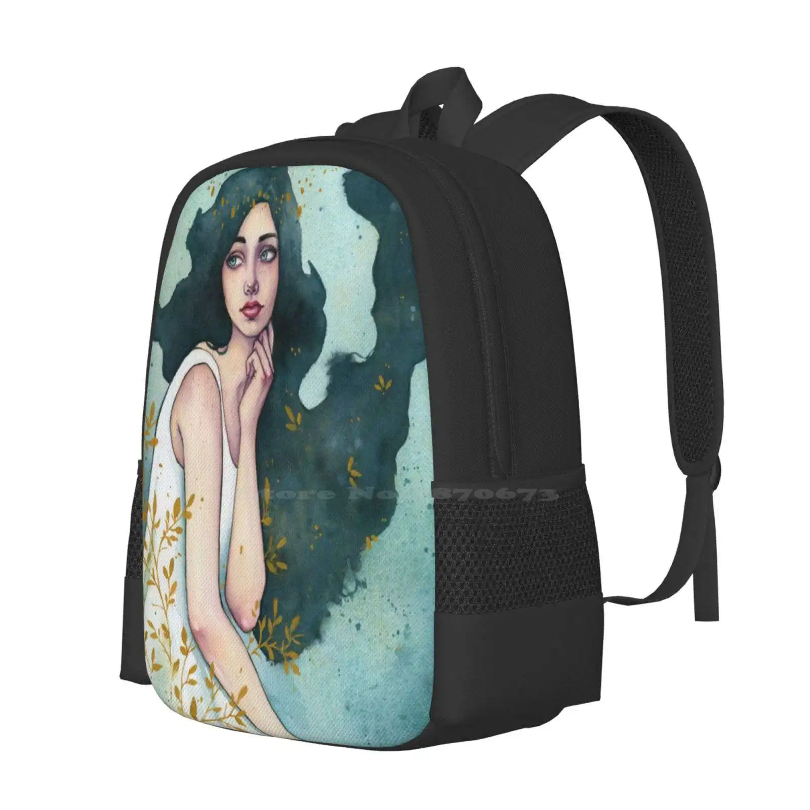 Turquoise Dream Hot Sale Backpack Fashion Bags Turquoise Watercolor Gouache Gold Flowing Hair