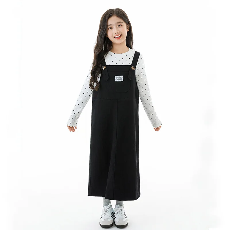 

Korean Kids Girls Outfit Autumn Children Girls Dot Printed Round Neck Undershirt Junior Girls Denim Dress School Girls 2pcs Sets