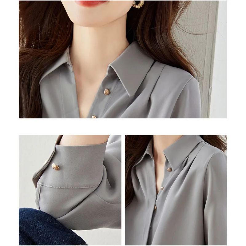 Autumn Fashion New Office Lady Long Sleeve V-Neck Women Shrit Button Grey Chiffon Shirt Blouse Women Tops Camisas De Mujer C03