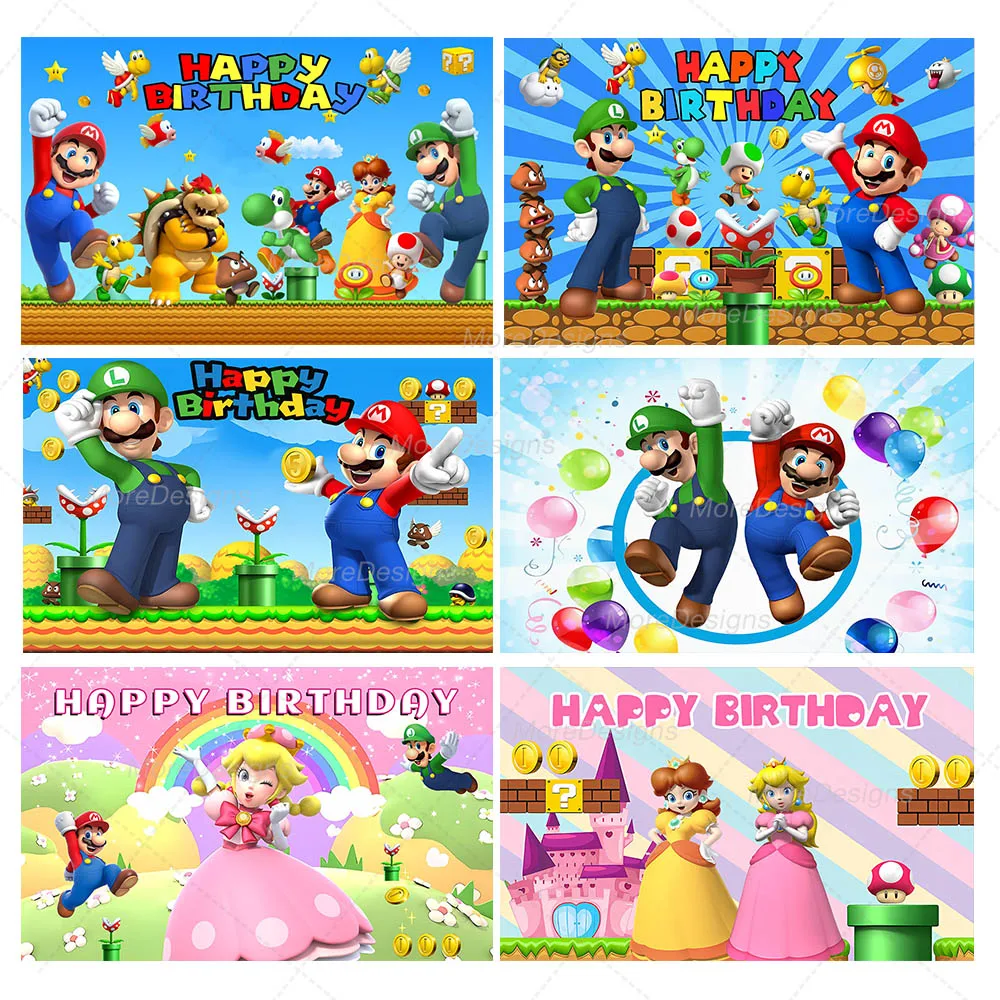 

Super Mario Bros Photo Backdrop Kids Birthday Party Decora Peach Princess Vinyl Polyester Fabric Background Cloth Banner