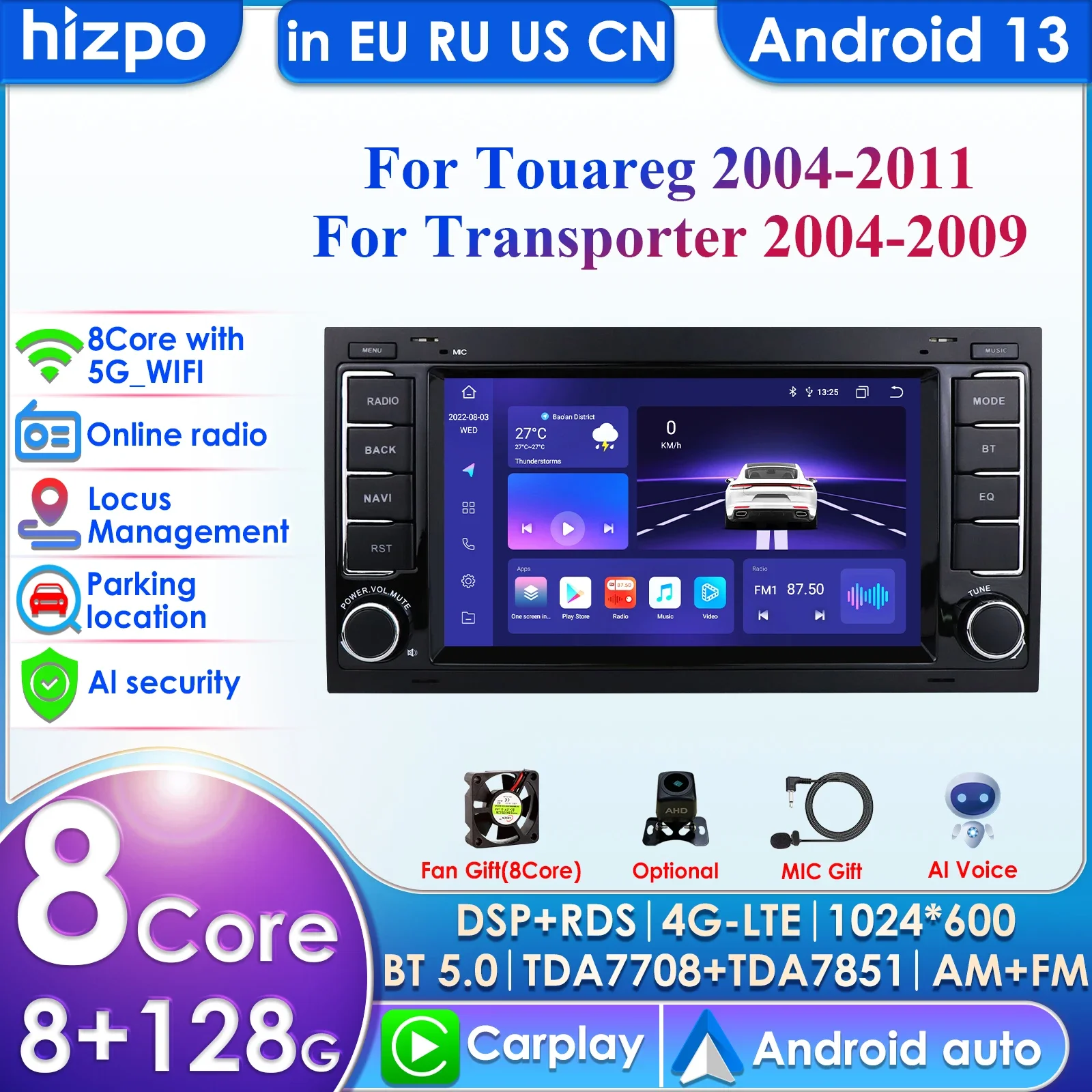 2din Autoradio Android for Volkswagen Transporter Touareg Car Radio Multimedia Video Player GPS Carplay Android Auto 4G 2 Din BT